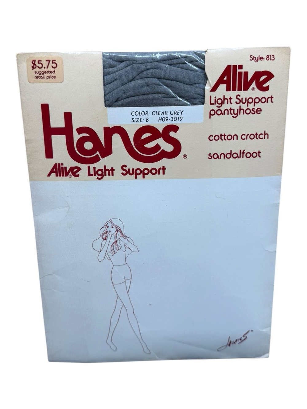 1985 Hanes Alive Light Support Pantyhose Size B H09-3019 Clear Grey Sandalfoot